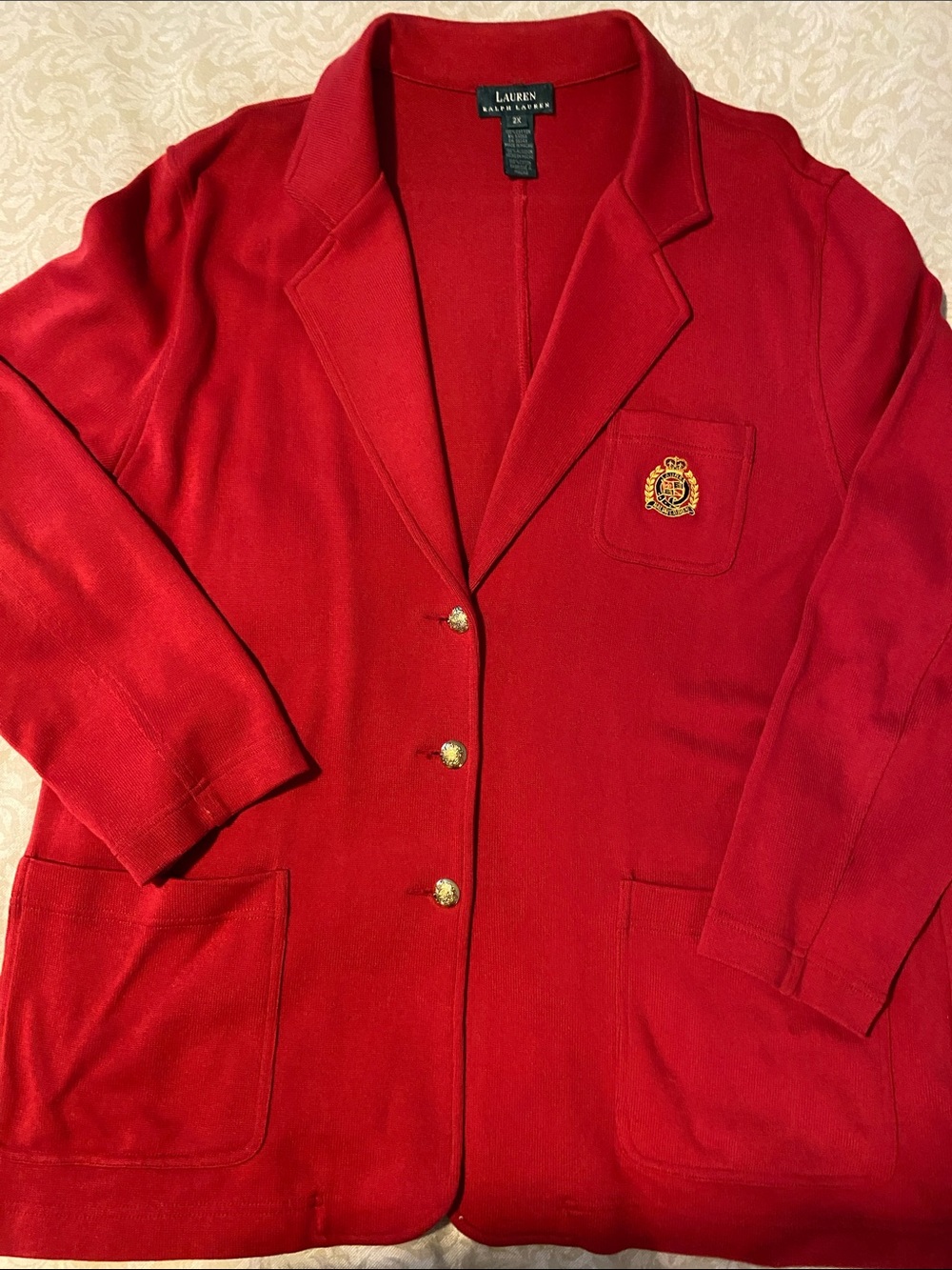 Lauren Ralph Lauren Bright Red Knit Blazer with Crest Emblem 2X